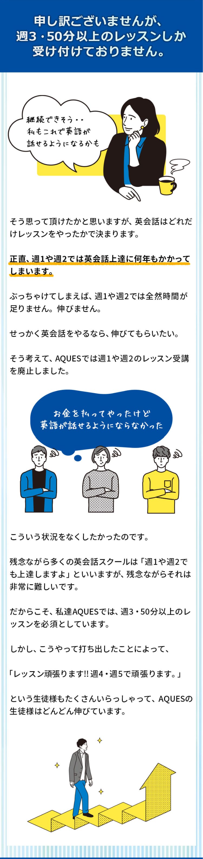 申しわけございませんが週３・５０分以上のレッスンしか受け付けておりません。