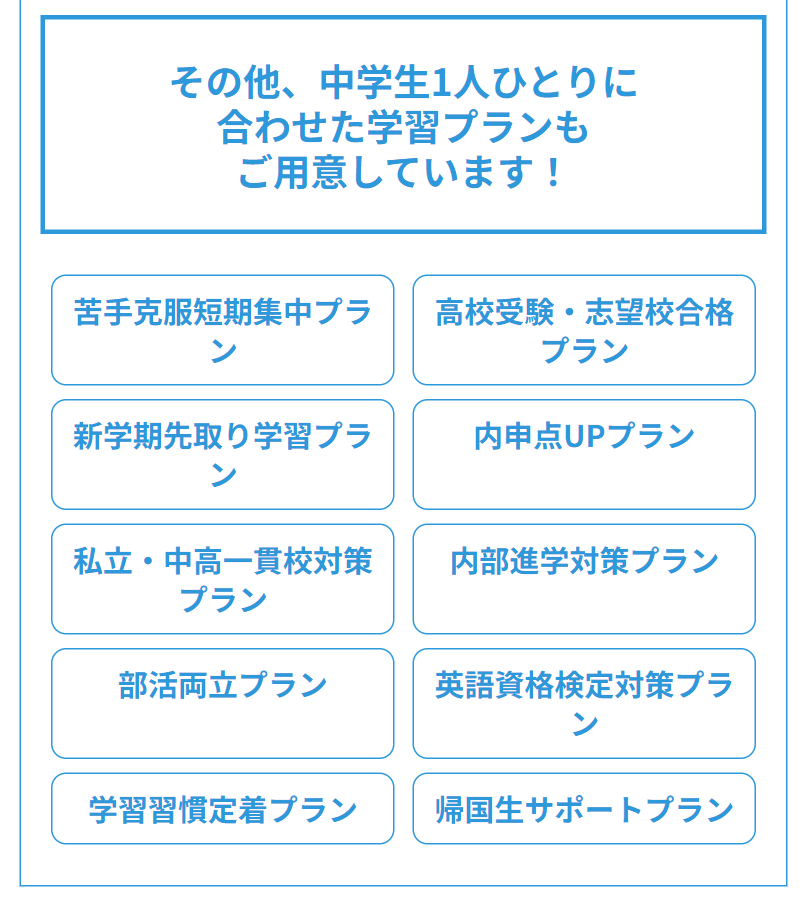 その他、中学生１人ひとりに合わせた学習プランもご用意しています！