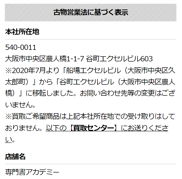古物営業法に基づく表示